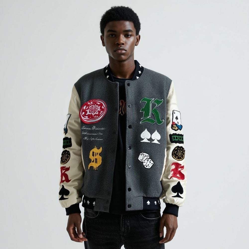 Boohoo MAN Letterman Varsity Bomber Patch Jacket Playing Cards Spade Medium - Picture 2 of 14